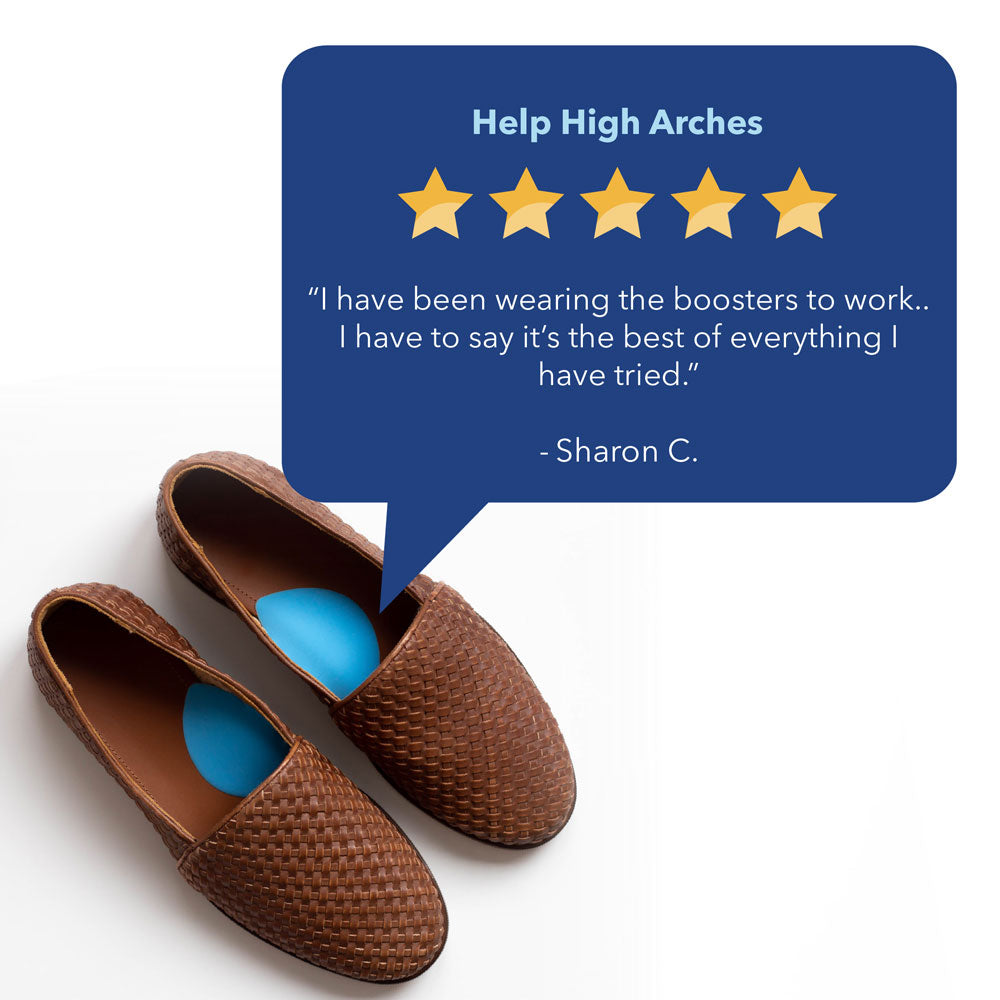 PowerStep Arch Booster Review. Subject: “Help High Arches” 5 star review: “I have been wearing the boosters to work… I have to say it’s the best of everything I have tried.” – Sharon C.