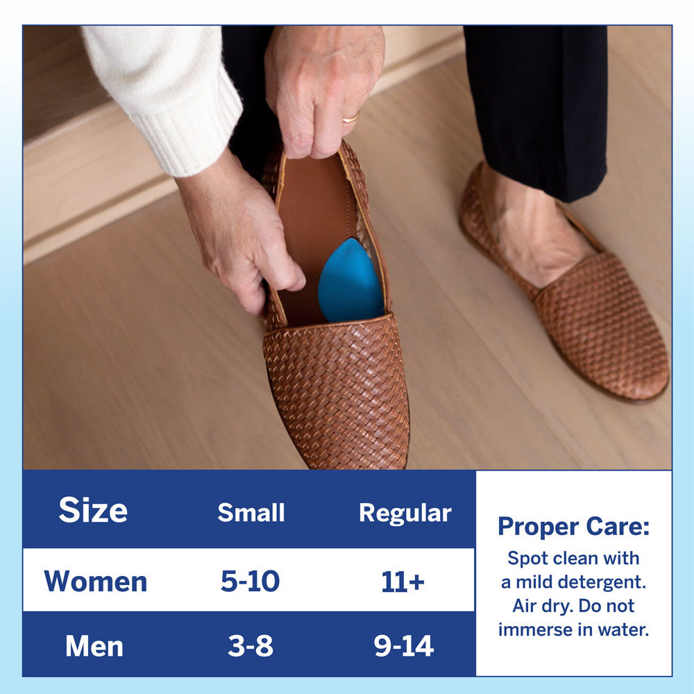 PowerStep Arch Booster Sizing. Women’s sizes: Small 5-10, Regular 11+; Men’s sizes: Small 3-8, Regular 9-14. Proper care: Spot clean with a mild detergent. Air dry. Do not immerse in water.
