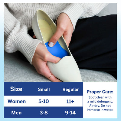 PowerStep Metatarsal Cushion Sizing: Women’s Small 5-10, Regular 11+; Men’s Small 3-8, Regular 9-14. Proper care: spot clean with a mild detergent. Air dry. Do not immerse in water.