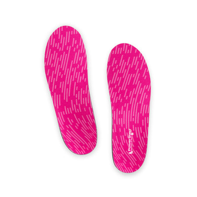 Top view of Pinnacle Pink Neutral Arch Support Shoe insoles with pink polyester top fabric, walking shoe insoles, relief from mild overpronation, women's shoes, men's shoes, these shoes inserts help relieve and prevent pain from conditions caused by foot malalignment, relief from plantar fasciitis pain, relief from pronation, orthotic shoe inserts, arch supporting orthotic insoles, plantar fasciitis orthotics