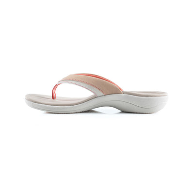 PowerStep Orthotic Arch Supporting Sandals for Women, profile view of orthotic sandal for women from inside showing arch, arch supporting sandals, flip flops, khaki and coral #color_khaki-coral