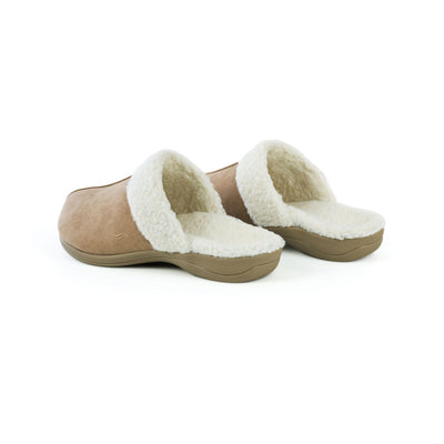 PowerStep Orthotic Arch Supporting slippers for Women pair view from back, taupe and ivory slippers for women, Synthetic microfiber upper, faux shearling, medium density EVA midsole, textured rubber outsole and tread, view of orthotic slippers for women from heel to toe, arch supporting slippers #color_taupe-ivory