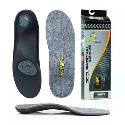 Base view of bottom of shoe insole for ErgoShield ESD shoe insert featuring black EVA with cutouts to allow static electricity to transfer through body to the shoe to ground, top view of insole with grey polyester top fabric that has conductive fibers, profile view shows slight arch contouring for light arch support, image of ergoshield ESD packaging 