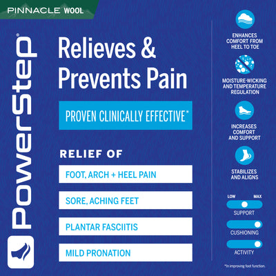 PowerStep Pinnacle Wool Orthotic Shoe Insoles, Made in the USA with US and imported materials, pain relief and prevention, proven clinically effective for immediate relief from plantar fasciitis, mild pronation, foot, arch, and heel pain, sore, achy feet, women’s shoe inserts, men’s orthotic shoe insoles, unisex orthotic arch support insoles, enhances comfort from heel to toe, moisture wicking and temperature regulating, increases comfort and support, stabilizes and aligns