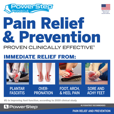 PowerStep Pinnacle Orthotic Shoe Insoles, Made in the USA with US and imported materials, pain relief and prevention, proven clinically effective for immediate relief from plantar fasciitis, overpronation, foot, arch, and heel pain, sore, achy feet, number one in improving foot function according to 2020 clinical study, number one podiatrist recommended shoe orthotic for arch support, women’s shoe inserts, men’s orthotic shoe insoles, unisex orthotic arch support insoles
