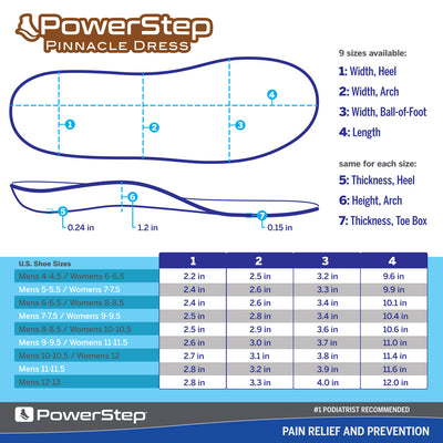 PowerStep Pinnacle Dress Full Length insole dimensions