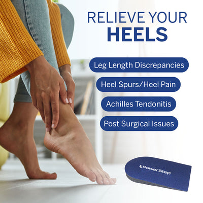 PowerStep Adjustable Heel Lift. Relieve Your Heels: Leg Length Discrepancy, Heel Spurs/Heel Pain, Achilles Tendonitis, Post Surgical Issues. Woman grabbing at foot.