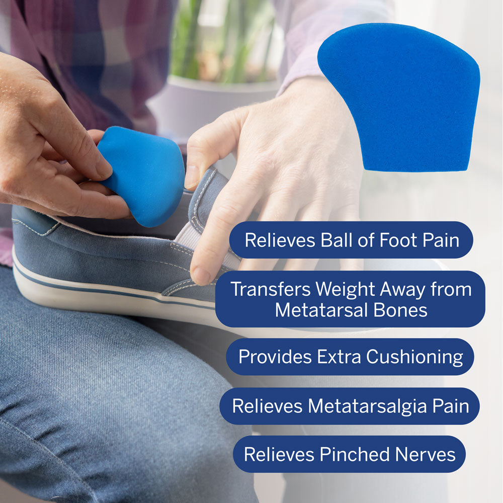 PowerStep Metatarsal Cushion: relieves ball of foot pain, transfers weight away from metatarsal bones, provides extra cushioning, relieves metatarsalgia pain, relieves pinched nerves.