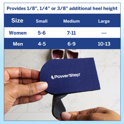 PowerStep Adjustable Heel Lift Sizing. Provides 1/8”, 1/4”, or 3/8” additional heel height. Women’s sizes: Small 5-6, Medium 7-11; Men’s sizes: Small 4-5; Medium 6-9; Large 10-13