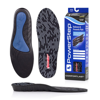Bottom view of shoe inserts for ComfortLast Cushioning Shoe Insoles with red and black polyurethane foam and gel heel relief zone, top view of shoe insoles with black polyester top fabric, image of ComfortLast Cushioning Insoles packaging, profile view of ComfortLast Cushion Insoles with anatomically contoured foam arch support