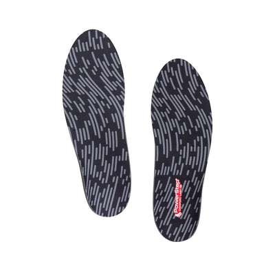 Top view of ComfortLast Shoe insoles with black polyester top fabric, these shoes inserts help relieve and prevent pain from conditions caused by foot malalignment, relief from pronation, relief from metatarsalgia, relief from morton's neuroma, walking shoe insoles, men's shoes, women's shoes