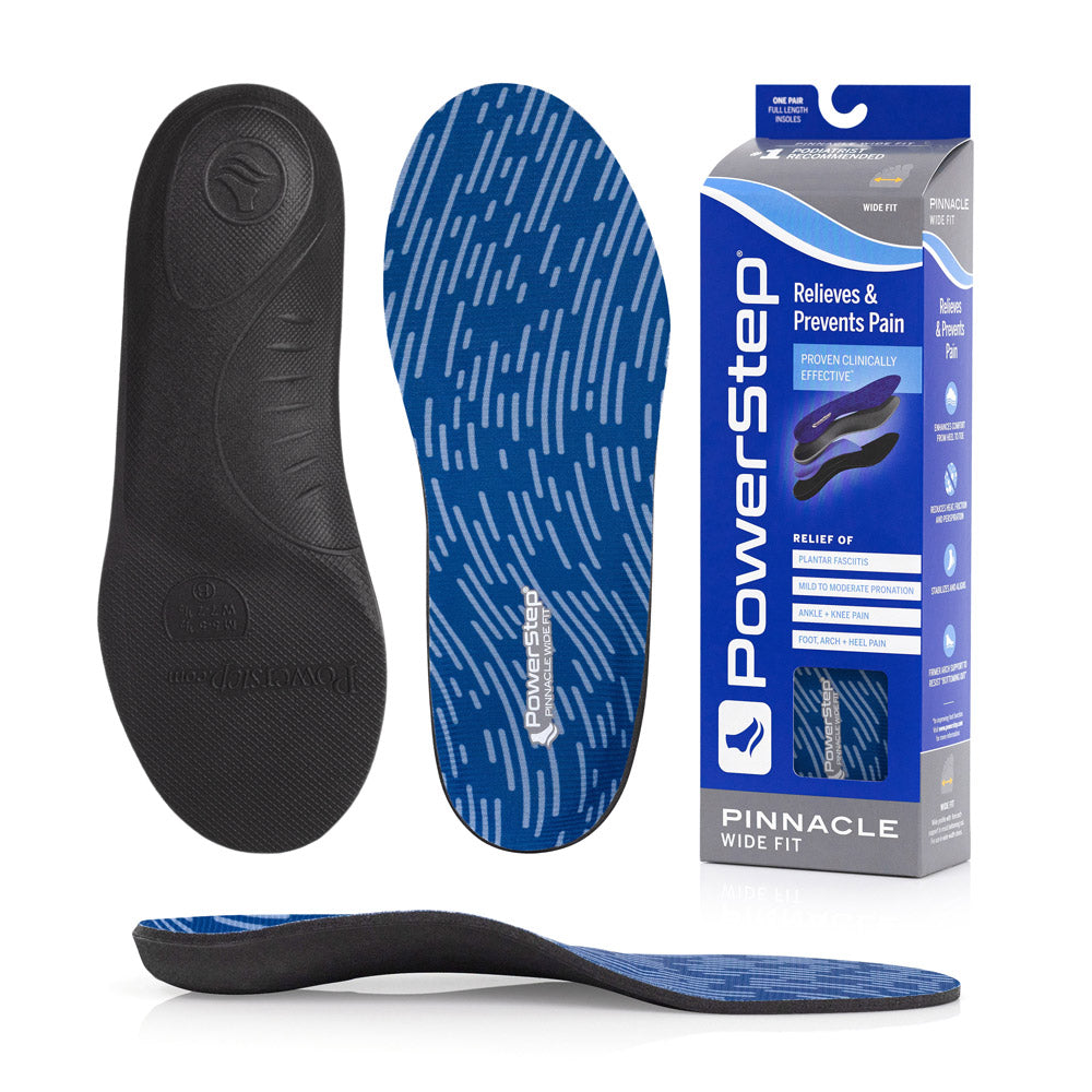 Bottom view of shoe inserts for Pinnacle Wide Fit Neutral Arch Support Orthotic Shoe Insoles with black EVA base, top view of shoe insoles with blue polyester top fabric, image of Pinnacle Wide Fit Neutral Arch Support Insoles packaging, profile view of Pinnacle Wide Fit Neutral Arch Support Orthotic Insoles with firm neutral arch support, relief of plantar fasciitis, pronation, foot, arch and heel pain, sore aching feet, standard arch support for pronation