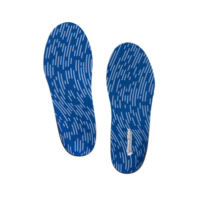 Top view of Pinnacle Wide Fit Neutral Arch Support Shoe insoles with blue polyester top fabric, walking shoe insoles, relief from mild overpronation, women's shoes, men's shoes, these shoes inserts help relieve and prevent pain from conditions caused by foot malalignment, relief from plantar fasciitis pain, relief from pronation, orthotic shoe inserts, arch supporting orthotic insoles, plantar fasciitis orthotics, shoe insoles for wide feet, wide width shoes 3E-6E