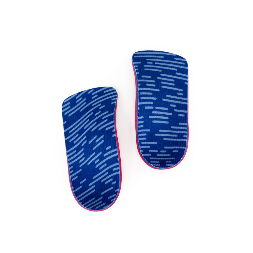 Top view of pair of blue PowerStep Pinnacle Junior 3/4 insoles