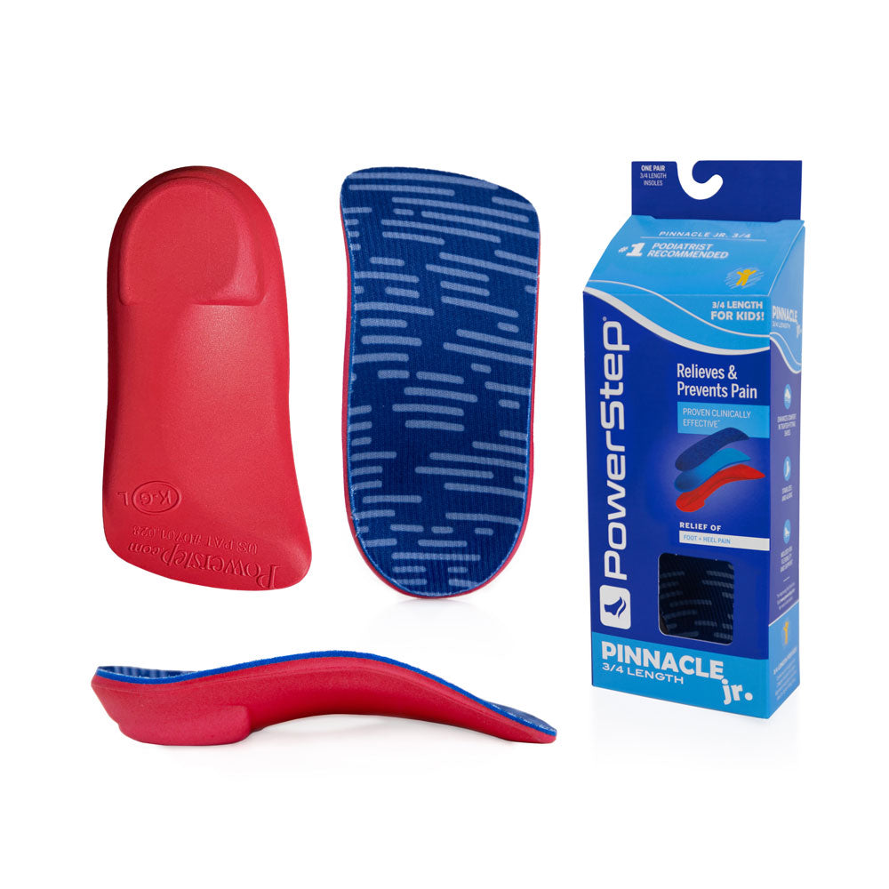 PowerStep Pinnacle Junior 3/4 insoles packaging and insoles, top of insole with blue top fabric and powerstep pattern, bottom of insole with red base, profile of insole