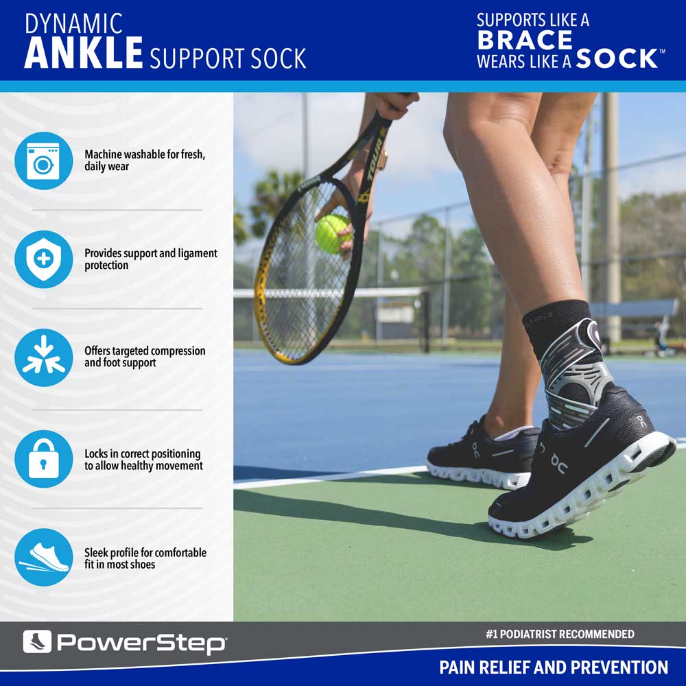 Woman playing tennis while wearing dynamic ankle support sock, supports like a brace and wears like a sock, machine washable, provides ligament protection, targeted compression, healthy positioning, sleek profile fits most shoes