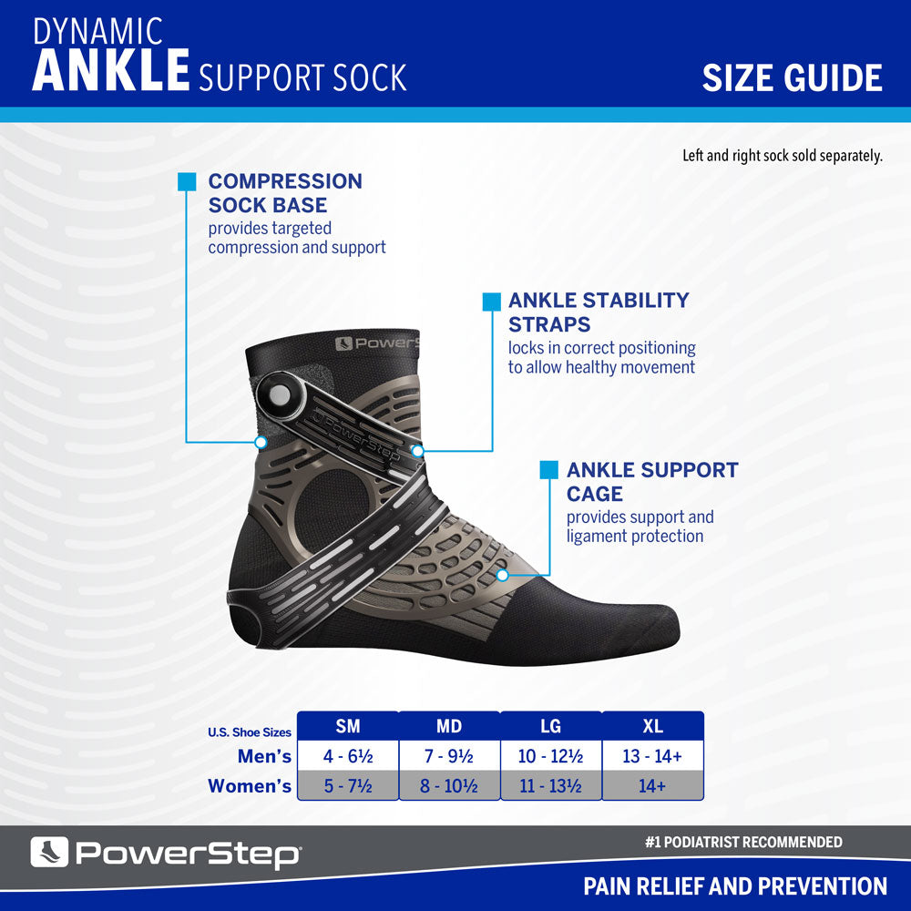 Dynamic Ankle Support Sock size guide; compression sock base provides targeted compression and support, ankle stability straps lock in correct positioning to allow healthy movement, ankle support cage provides support and ligament protection