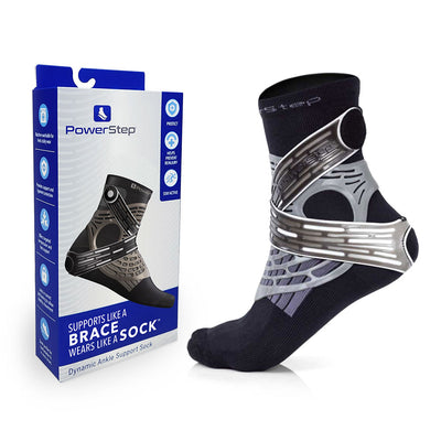PowerStep Dynamic Ankle Support Sock profile view and box, supports like a brace and wears like a sock