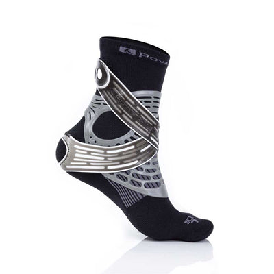 Profile view of PowerStep Support Sock, strap wraps around ankle for stability and custom tension, sleek profile for comfortable fit in most shoes