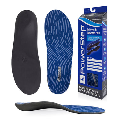 Bottom view of shoe inserts for PowerStep Morton’s Extension Orthotic Shoe Insoles with black EVA base, top view of shoe insoles with blue polyester top fabric, image of PowerStep Morton’s Extension Insoles packaging, profile view of PowerStep Morton’s Extension Orthotic Insoles with semi-rigid neutral arch support, treats discomfort from bunions, hallux rigidus/limitus, sesamoiditis, arthritis, turf toe, and other conditions affecting the MTP (big toe) joint, arch support insoles for women and men