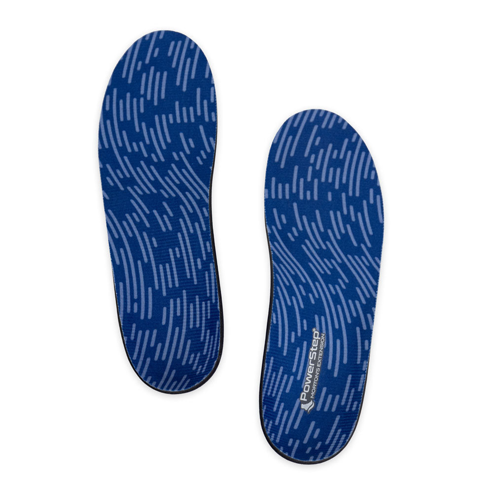 Top view of PowerStep Morton’s Extension Shoe insoles with blue polyester top fabric, these shoes inserts reduce pain and stabilize the big toe joint, help treat discomfort from bunions, hallux rigidus/limitus, sesamoiditis, arthritis, turf toe, and other conditions affecting the MTP (big toe) joint, orthotic shoe inserts, arch supporting orthotic insoles, plantar fasciitis orthotics