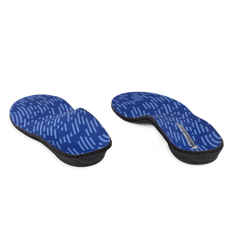 View of PowerStep Morton’s Extension orthotic arch support shoe inserts from heel to toe, relieves foot, arch, and heel pain, and sore, aching feet, insoles with carbon fiber plate for stabilizing big toe joint, neutral arch support helps to correct pronation and prevent plantar fasciitis