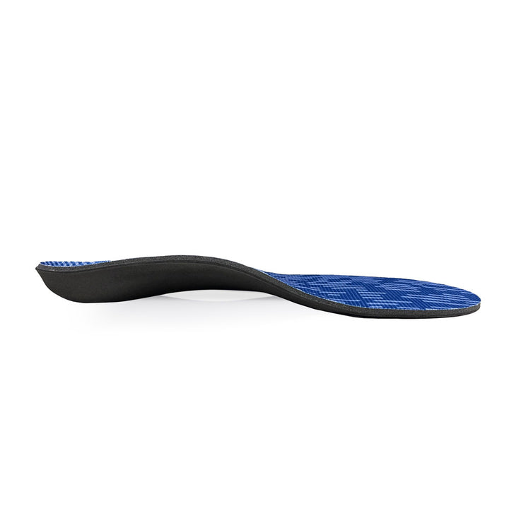 Profile view of PowerStep Morton’s Extension arch supporting shoe insoles with semi-rigid arch support for pronation, arch support for plantar fasciitis, designed for walking and running shoes, shoe inserts to help relieve and treat discomfort from bunions, hallux rigidus/limitus, sesamoiditis, arthritis, turf toe, orthotic shoe insoles with standard arch support