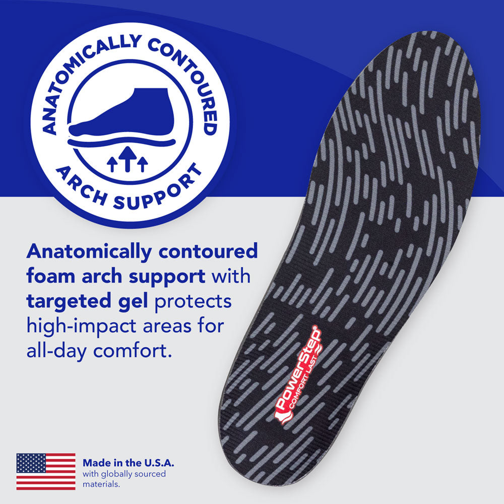 Anatomically contoured arch support: Anatomically contoured foam arch support with targeted gel protects high-impact areas for all-day comfort. Made in the USA with globally sourced materials.