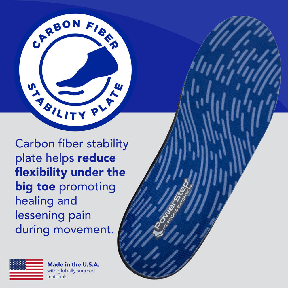 Carbon fiber stability plate: Helps reduce flexibility under the big toe promoting healing and lessening pain during movement. Made in the USA with globally sourced materials.