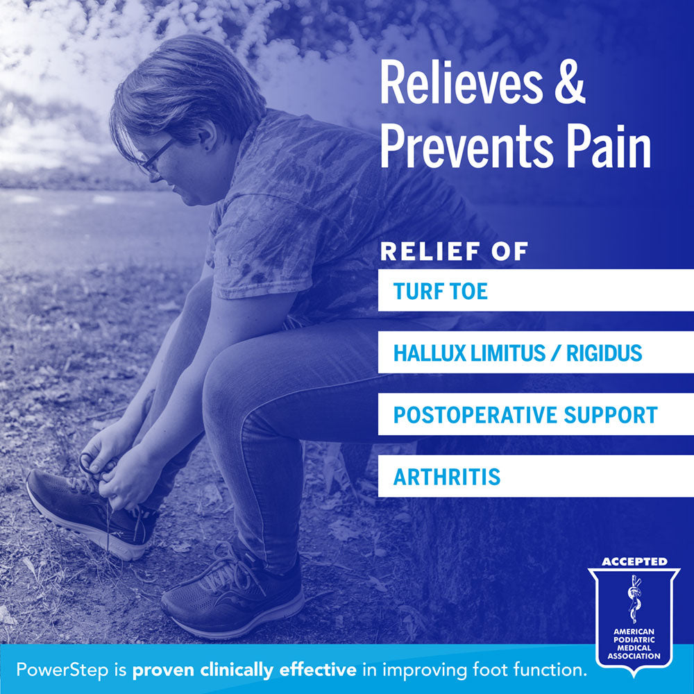 Relieves & Prevents Pain: Relief of turf toe, hallux limitus & hallux rigidus, post-operative discomfort, arthritis. PowerStep is proven clinically effective in improving foot function. Accepted by the American Podiatric Medical Association.