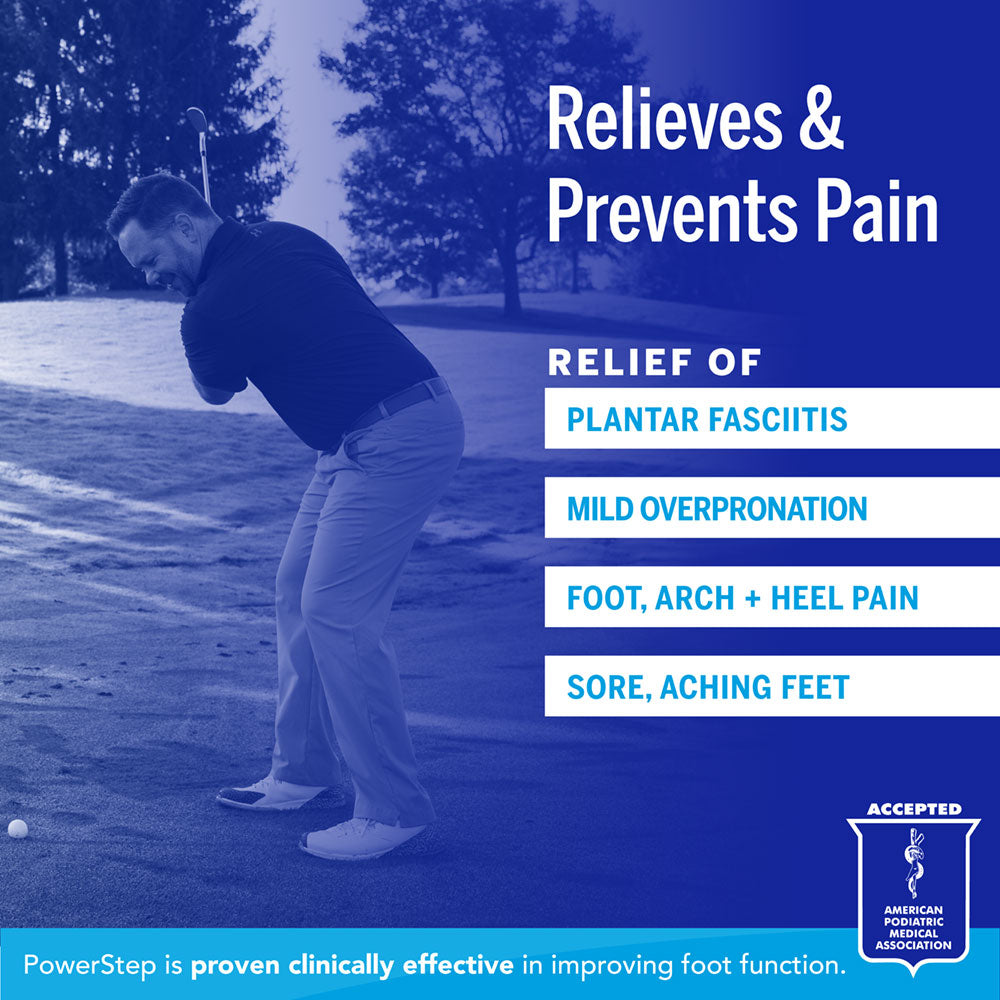 Relieves & Prevents Pain: Relief of plantar fasciitis, mild overpronation, foot, arch and heel pain, sore, arching feet. PowerStep is proven clinically effective in improving foot function. Accepted by the American Podiatric Medical Association.