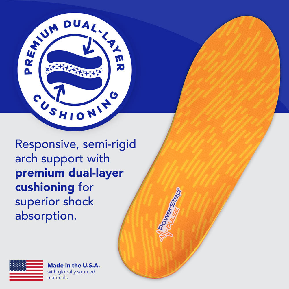 Premium dual-layer cushioning: Responsive, semi-rigid arch support with premium dual-layer cushioning for superior shock absorption. Made in the USA with globally sourced materials.