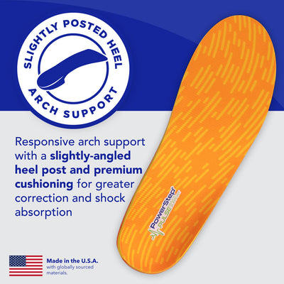 Slightly posted heel arch support: Responsive arch support with a slightly-angled heel post and premium cushioning for greater correction and shock absorption. Made in the USA with globally sourced materials.