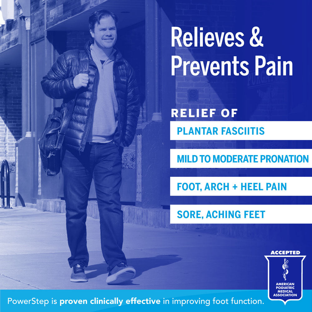 Relieves & Prevents Pain: Relief of plantar fasciitis, mild to moderate pronation, foot, arch, and heel pain, sore, aching feet. PowerStep is proven clinically effective in improving foot function. Accepted by the American Podiatric Medical Association.