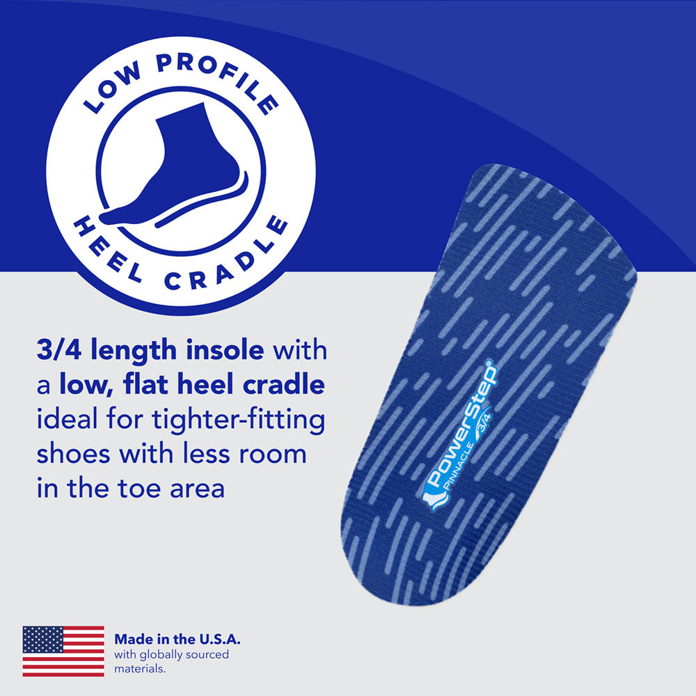 Low profile heel cradle: 3/4 length insole with a low, flat heel cradle ideal for tighter-fitting shoes with less room in the toe area. Made in the USA with globally sourced materials.