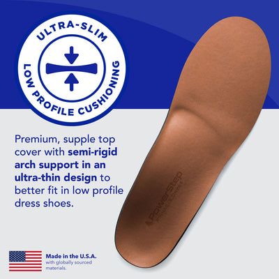 Ultra-slim low profile cushioning: Premium, supple top cover with semi-rigid arch support in an ultra-thin design to better fit in low profile dress shoes. Made in the USA with globally sourced materials.