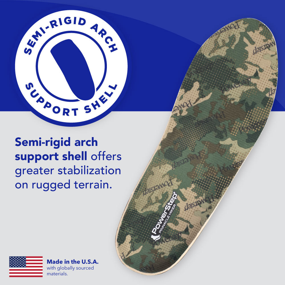 Semi-rigid arch support shell: Semi-rigid arch support shell offers greater stabilization on rugged terrain. Made in the USA with globally sourced materials.
