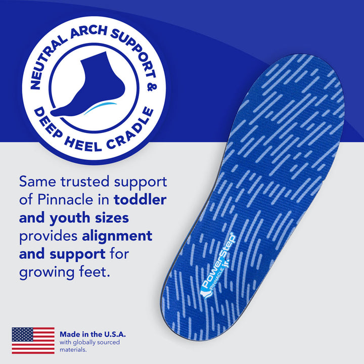 Neutral Arch Support & Deep Heel Cradle: Same trusted support of Pinnacle in toddler and youth sizes provides alignment and support for growing feet. Made in the USA with globally sourced materials.