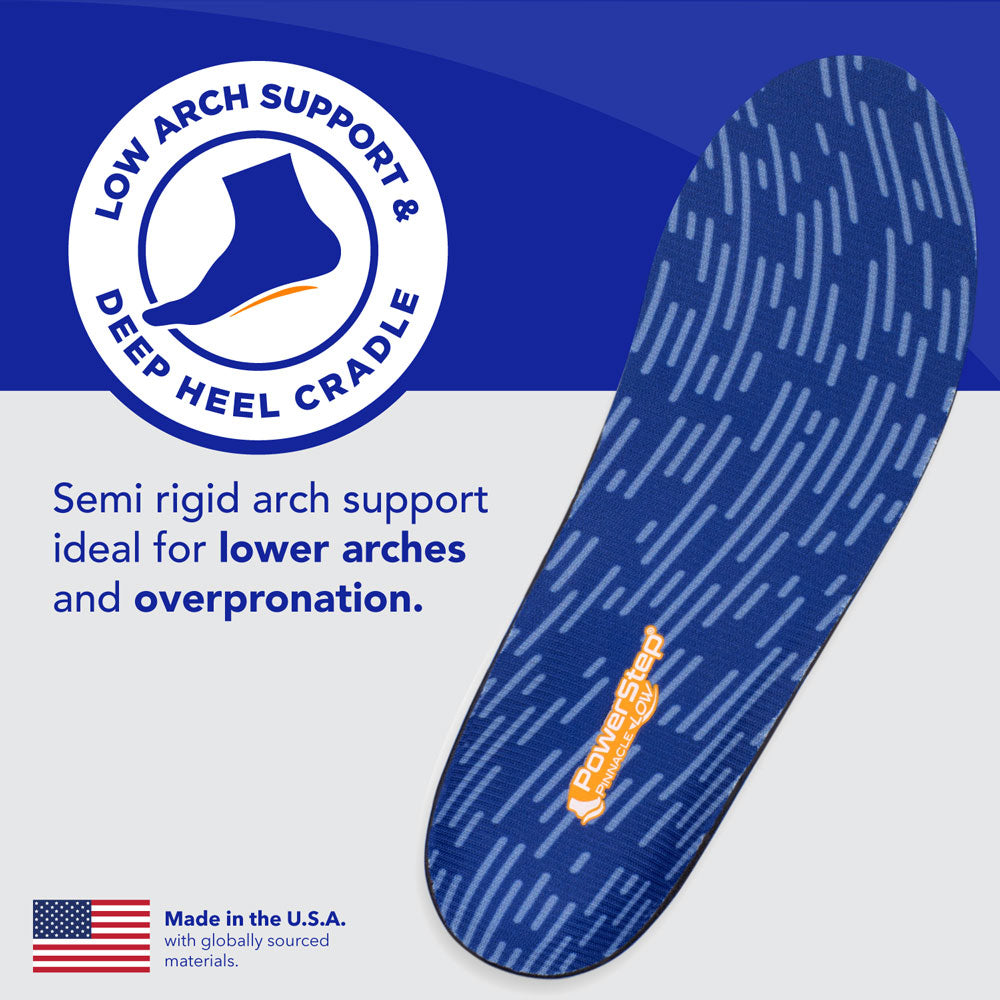 Low arch support & deep heel cradle: Semi rigid arch support ideal for lower arches and overpronation. Made in the USA with globally sourced materials.