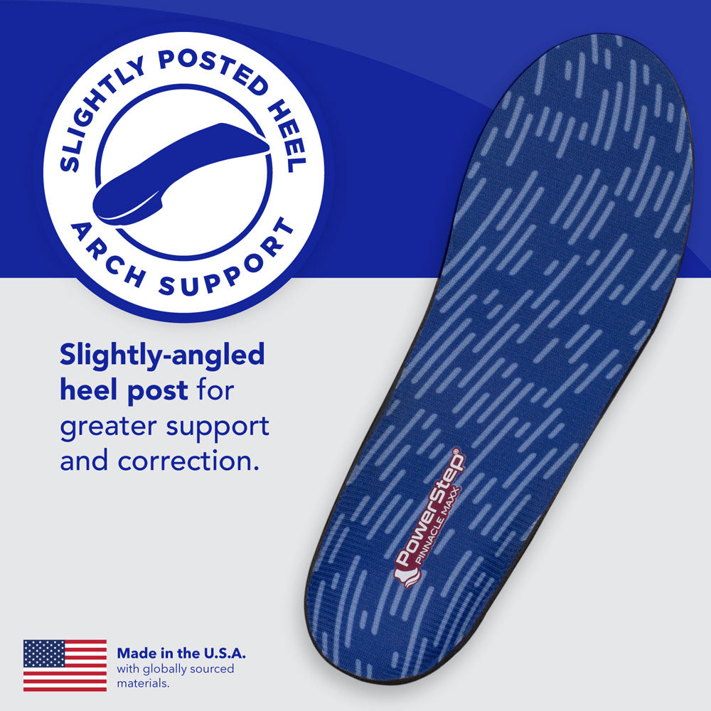 Slightly posted heel arch support: Slightly-angled heel post for greater support and correction. Made in the USA with globally sourced materials.