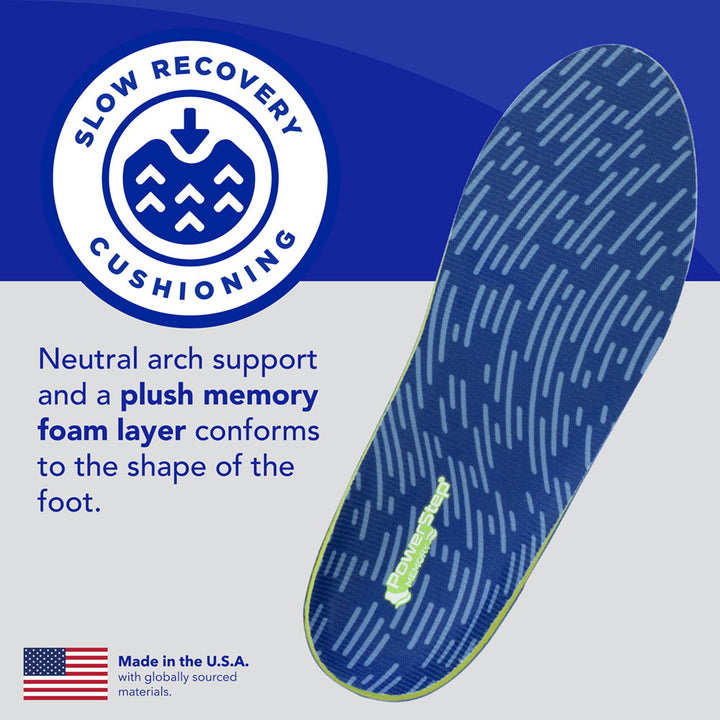 Slow Recovery Cushioning: Neutral arch support and a plush memory foam layer conforms to the shape of the foot. Made in the USA with globally sourced materials.