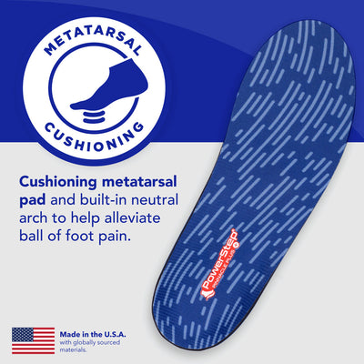 Metatarsal cushioning: Cushioning metatarsal pad and built-in neutral arch to help alleviate ball of foot pain. Made in the USA with globally sourced materials.