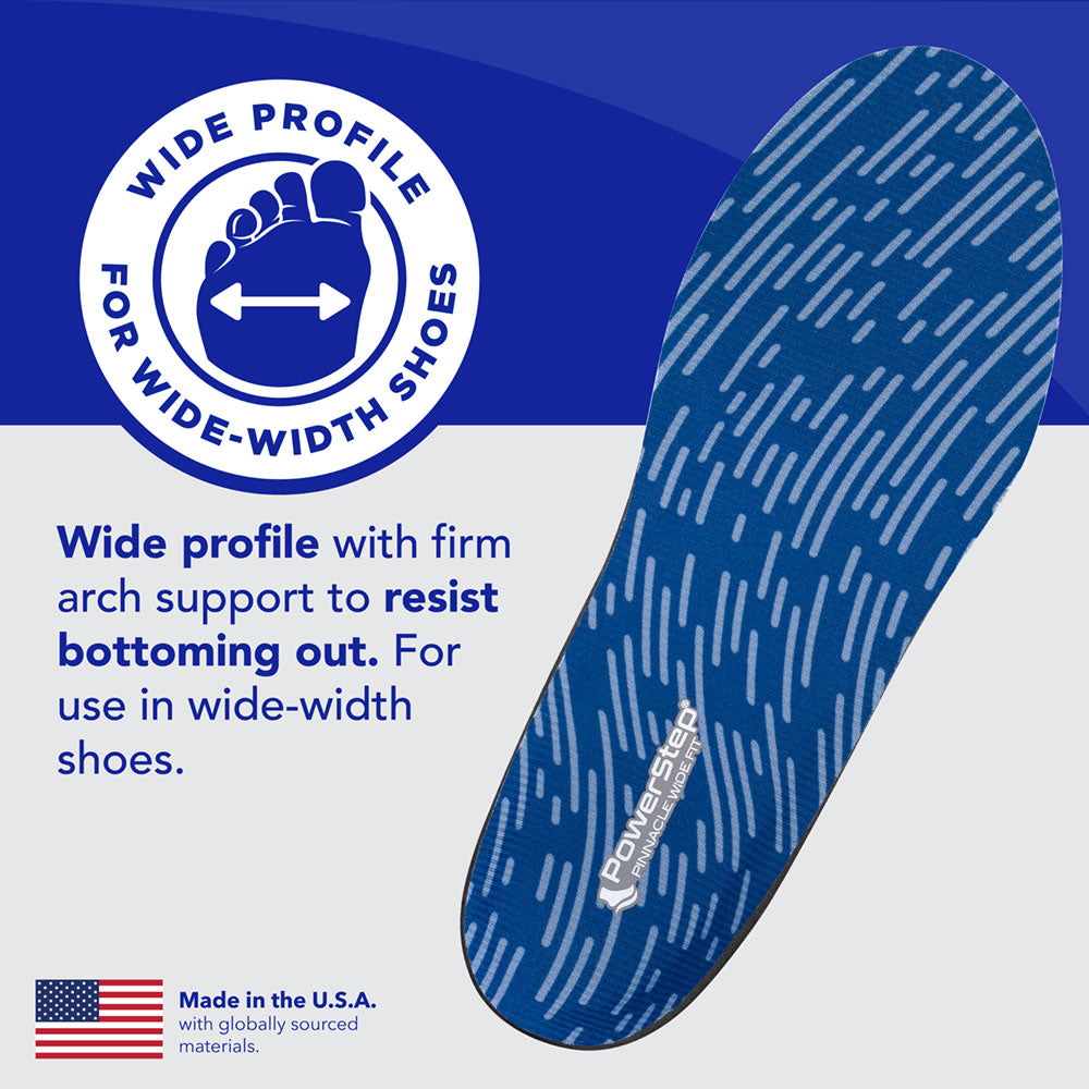 Wide profile for wide-width shoes: Wide profile with firm arch support to resist bottoming out. For use in wide-width shoes. Made in the USA with globally sourced materials.