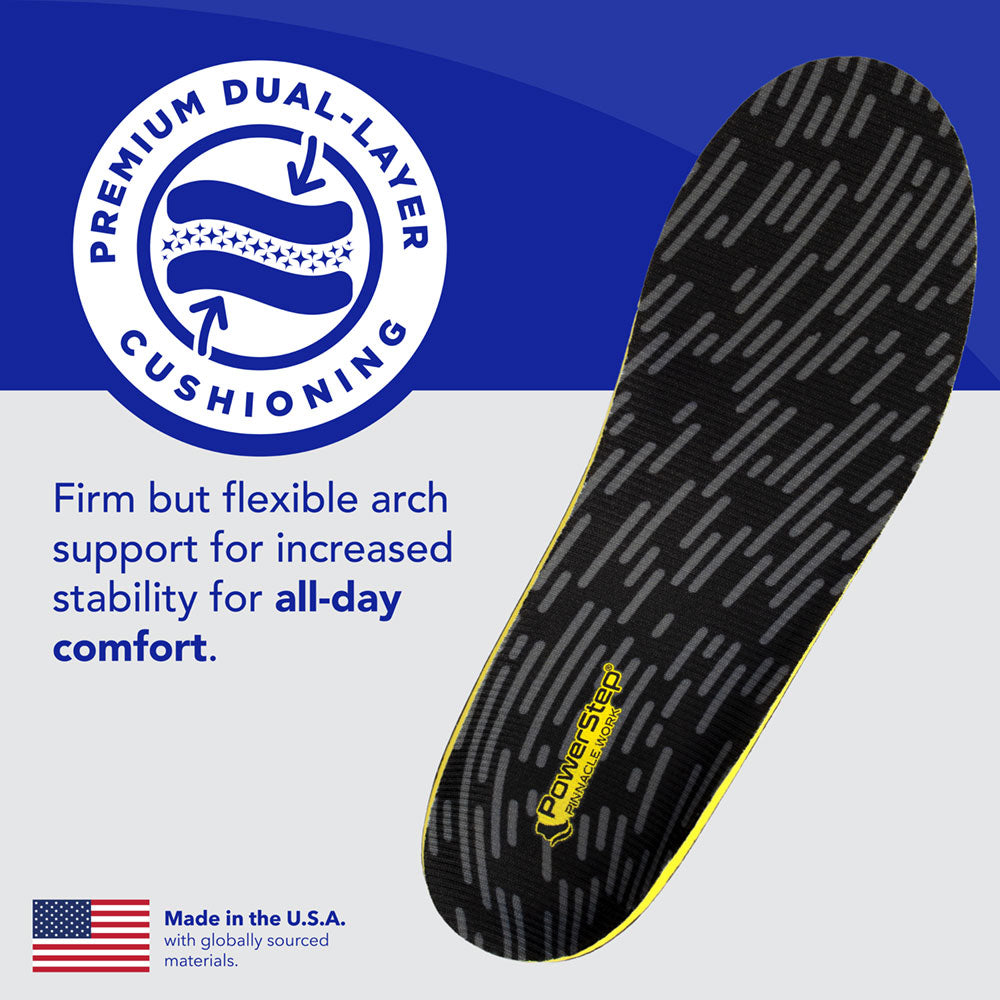 Premium dual-layer cushioning: Firm but flexible arch support for increased stability for all-day comfort. Made in the USA with globally sourced materials.