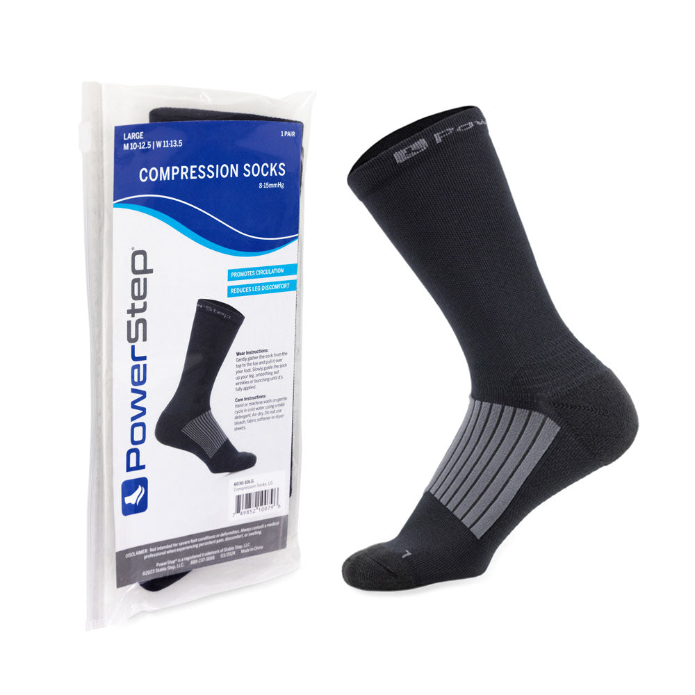 Compression sock white, blue, and gray packaging next to PowerStep Compression Sock. Profile view of sock