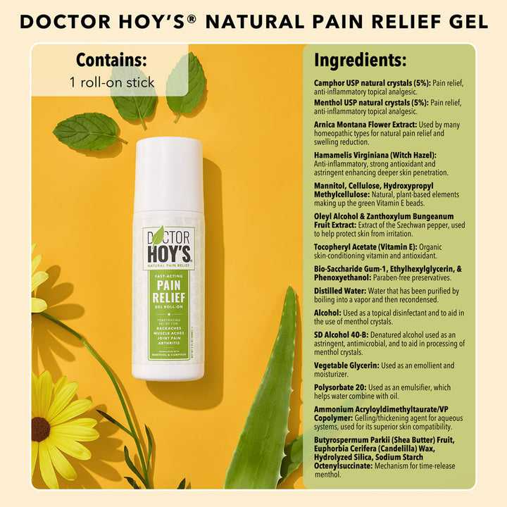 Doctor Hoy's Natural Pain Relief Gel. Contains 1 roll-on stick. List of ingredients.