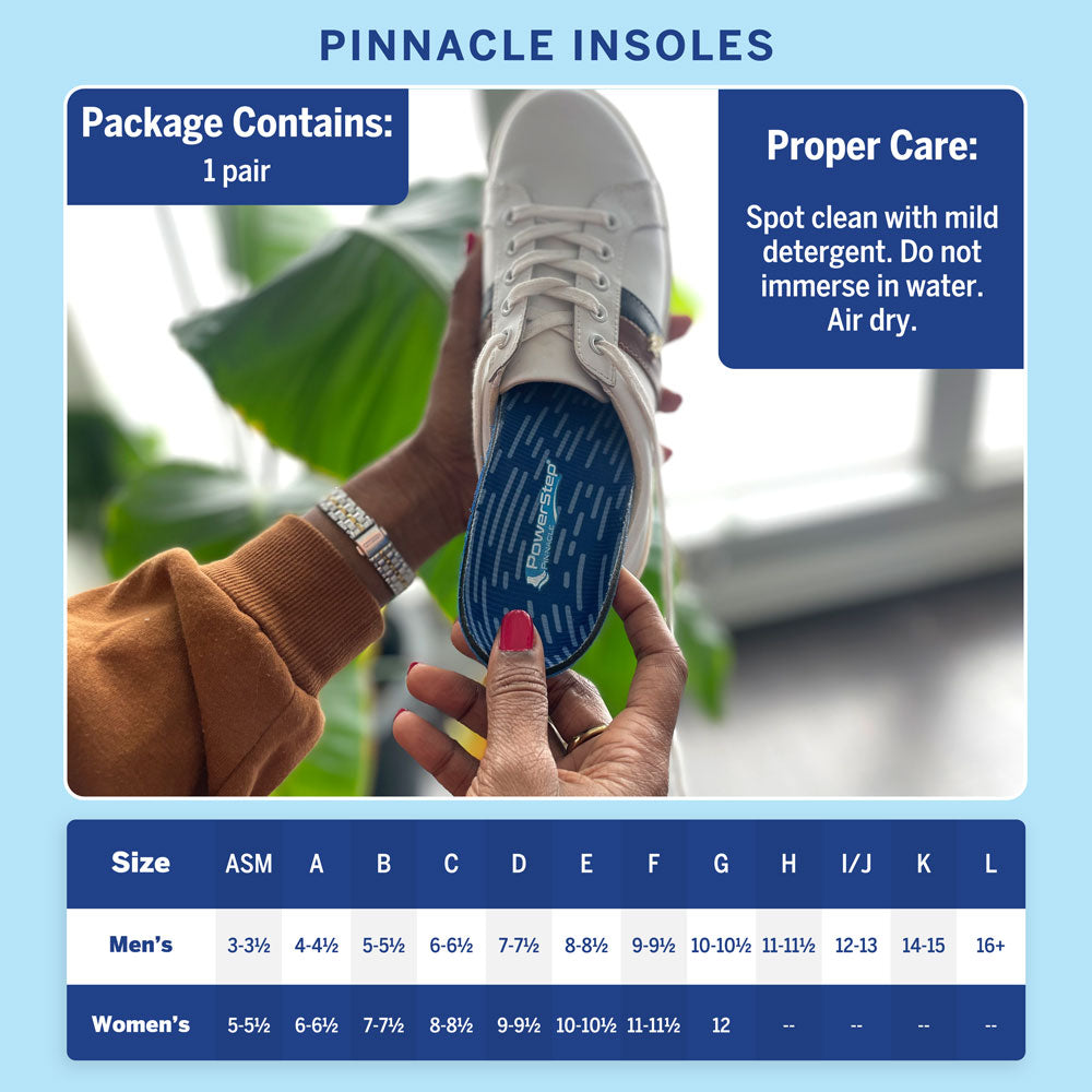 PowerStep Pinnacle Insoles: Package contains 1 pair. Proper care: spot clean with mild detergent. Do not immerse in water. Air dry. Available in sizes ranging from men's 3 - 16+, women's 5 - 12+.