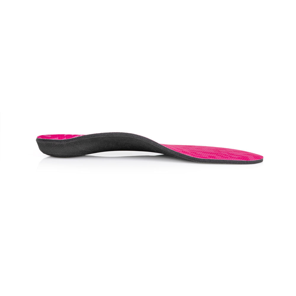 Profile view of Pinnacle Pink Neutral arch supporting shoe insoles with semi-rigid arch support for pronation, women’s orthotic shoe inserts, arch support for plantar fasciitis, designed for walking and running shoes, shoe inserts to help relieve pain from plantar fasciitis, orthotic shoe insoles with standard arch support