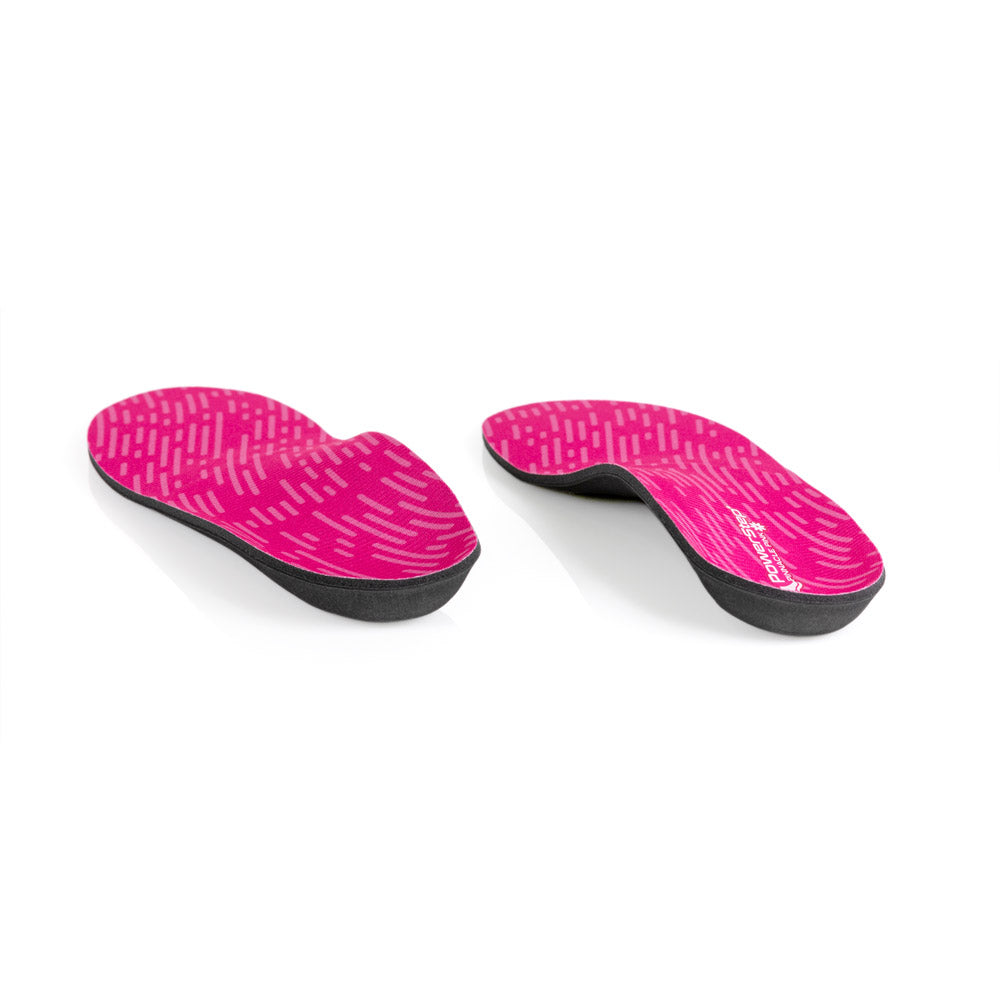 View of Pinnacle Pink Neutral orthotic arch support shoe inserts from heel to toe, relieves foot, arch, and heel pain, and sore, aching feet, shoe insoles for walking, women’s orthotic shoe inserts, men’s orthotic shoe inserts, neutral arch support helps to correct pronation and prevent plantar fasciitis