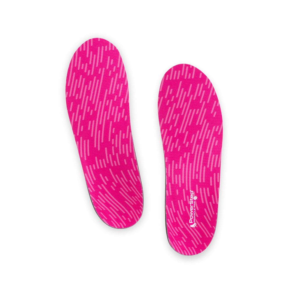 Top view of Pinnacle Pink Neutral Arch Support Shoe insoles with pink polyester top fabric, walking shoe insoles, relief from mild overpronation, women's shoes, men's shoes, these shoes inserts help relieve and prevent pain from conditions caused by foot malalignment, relief from plantar fasciitis pain, relief from pronation, orthotic shoe inserts, arch supporting orthotic insoles, plantar fasciitis orthotics